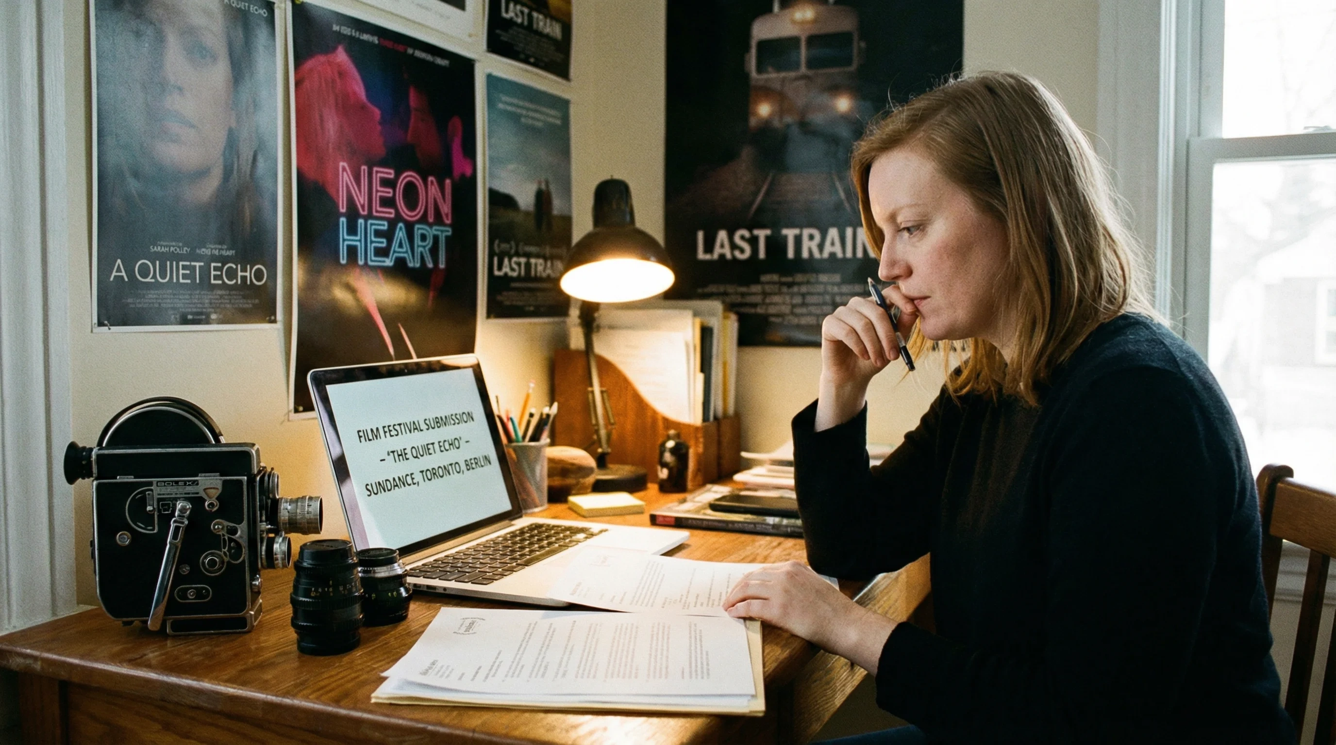 独立电影人在工作室研究电影节提交材料